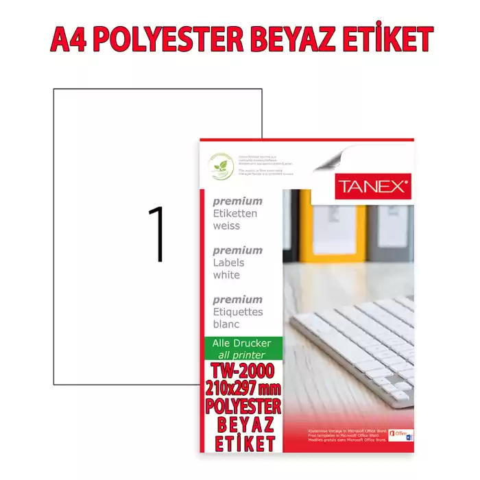 Tanex Tw-2000 A4 Polyester Beyaz Laser Etiket 210x297mm. 25 Ad./Pk