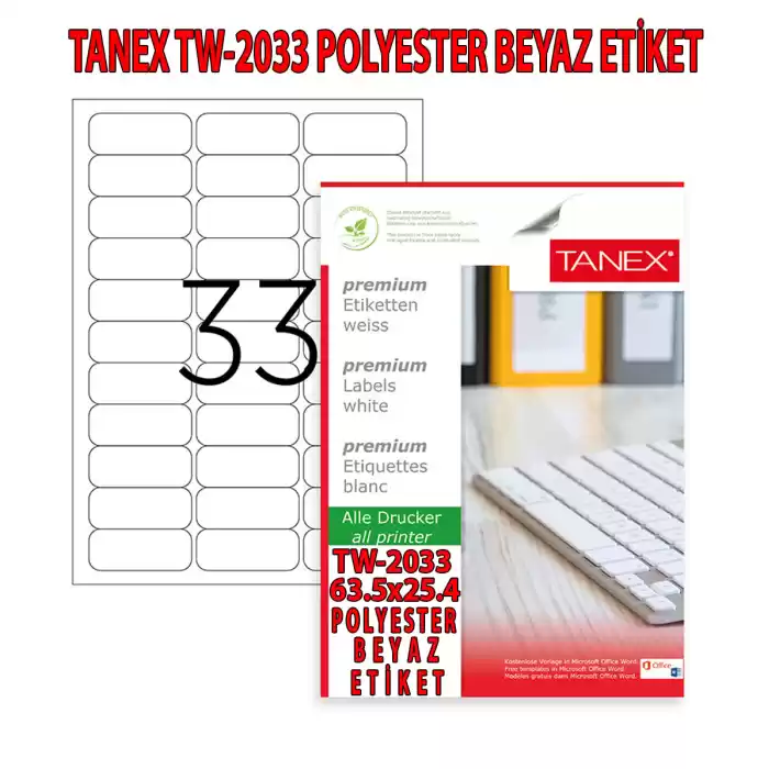 Tanex Tw-2033 Polyester Beyaz Laser Etiket 63,5x25,4 mm 25 Syf/825Ad./PK.