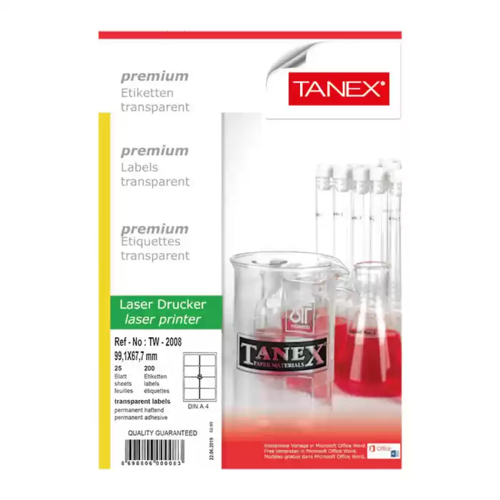 Tanex Tw-2008 Şeffaf Laser Etiket 99.1 x 67.7 mm.25 Syf./200 Ad./Pk..