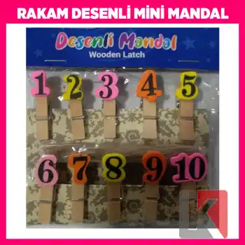 RAKAM SAYI DESENLİ MİNİ AHŞAP MANDAL 10LU PAKET
