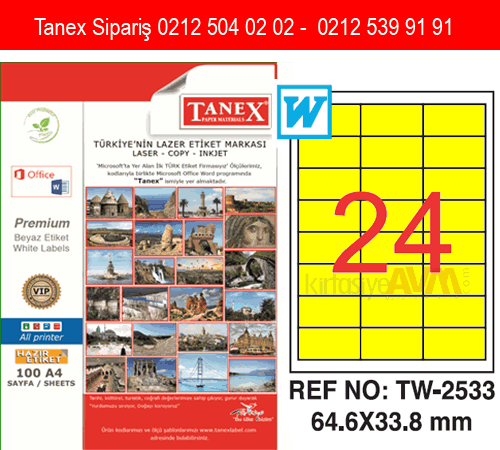 TW-2533 64,6 x 33,8 mm FOSFORLU SARI LASER ETİKET