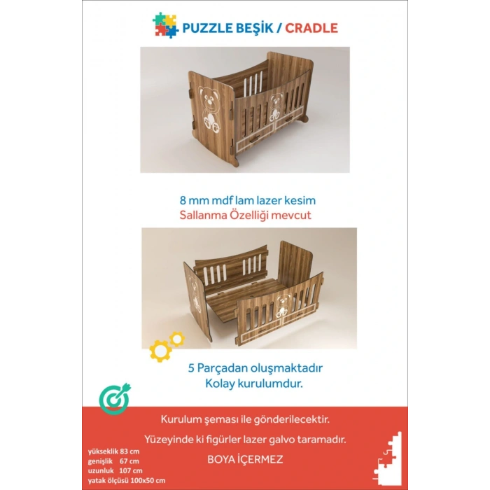Puzzle Beşik,demonte Ahşap Beşik, 100x50 Cm Yükseklik 82 Cm