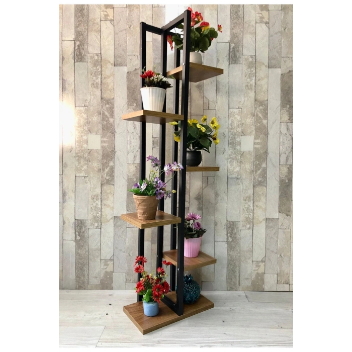 Siyah Metal Çerçeveli, Ahşap Raflı 6 Bölmeli Çiçeklik