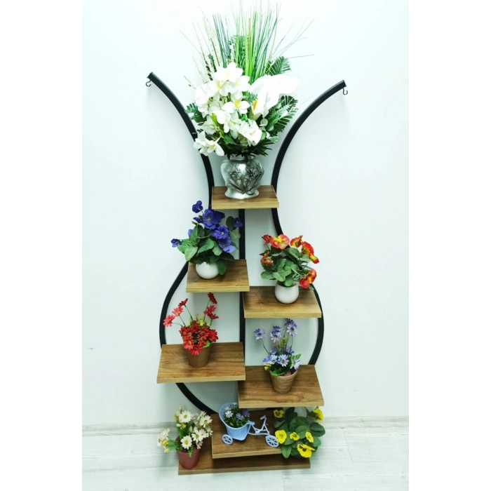 Vazo Metal Çiçeklik Ceviz Raflı Saksılık