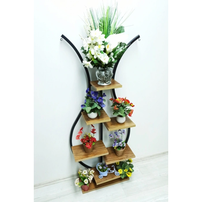 Vazo Metal Çiçeklik Ceviz Raflı Saksılık