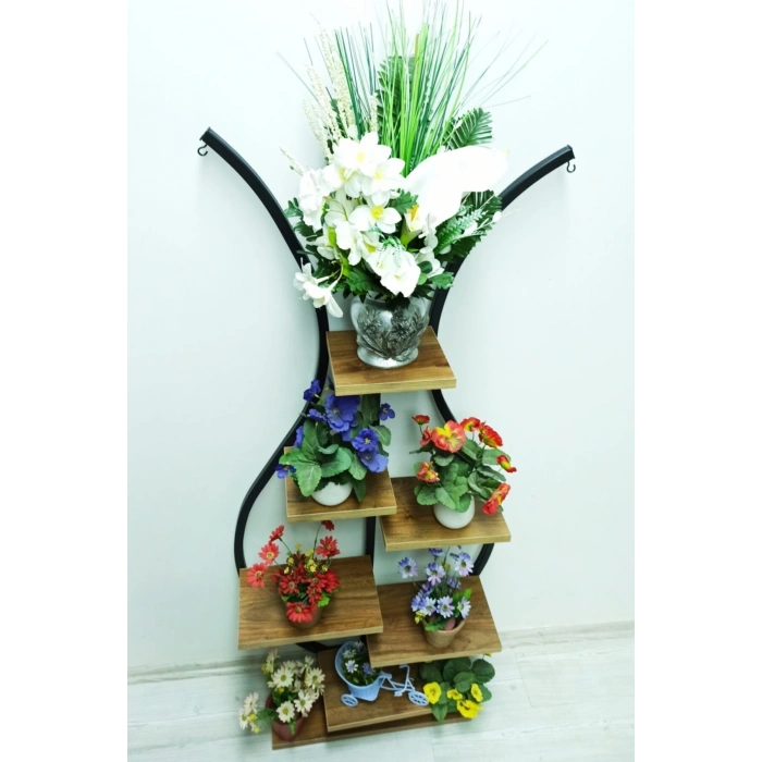 Vazo Metal Çiçeklik Ceviz Raflı Saksılık