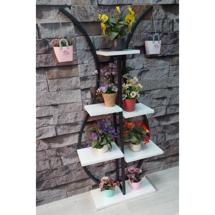 Metal Gövdeli Laleli Çiçeklik-vazo Saksılık, Raf