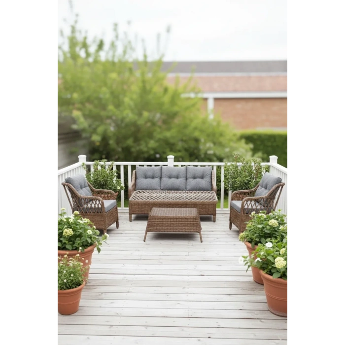 Galvaniz Gövdeli 3+1+1+2puf+masa Rattan Bahçe Balkon Mobilyası, 7 Kişilik Bahçe Takımı