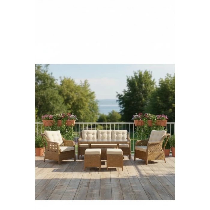 MENEKŞE 3+1+1+2puf+masa Rattan Bahçe Balkon Mobilyası, 7 Kişilik Bahçe Takımı