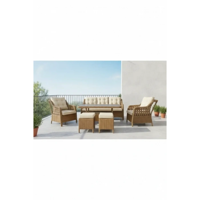 Galvaniz Gövdeli 3+1+1+2puf+masa Rattan Bahçe Balkon Mobilyası, 7 Kişilik Bahçe Takımı