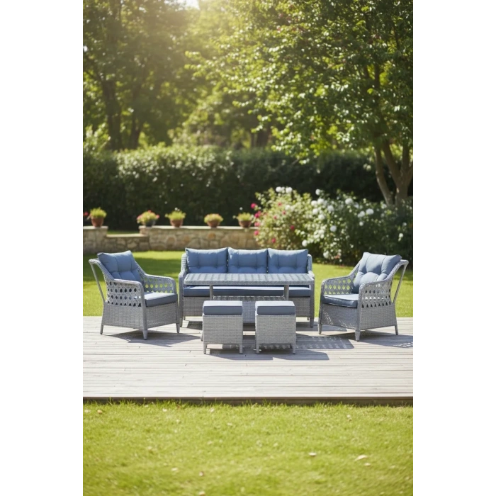 Galvaniz Gövdeli 3+1+1+2puf+masa Rattan Bahçe Balkon Mobilyası, 7 Kişilik Bahçe Takımı