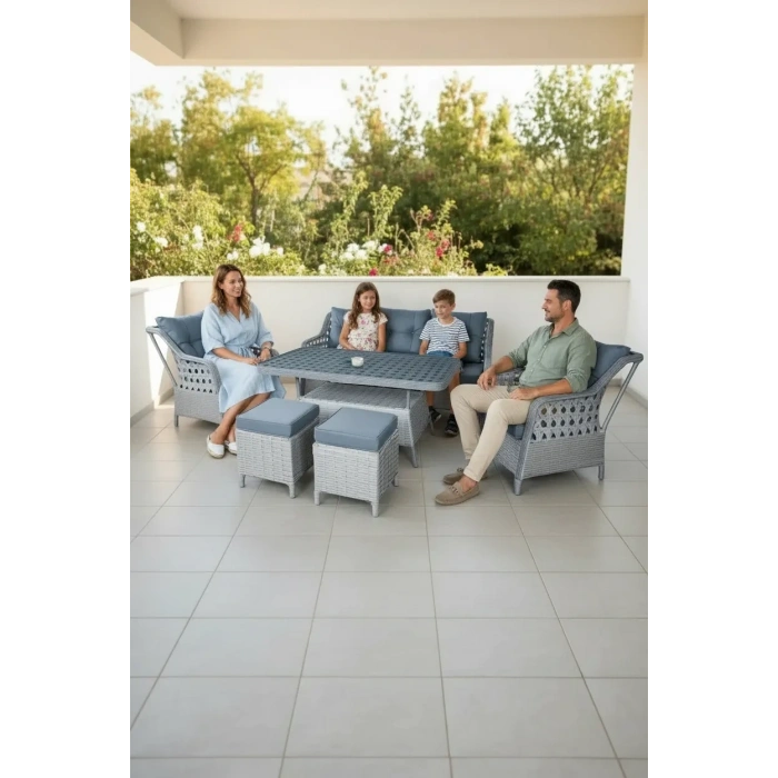 MENEKŞE 3+1+1+2puf+masa Rattan Bahçe Balkon Mobilyası, 7 Kişilik Bahçe Takımı