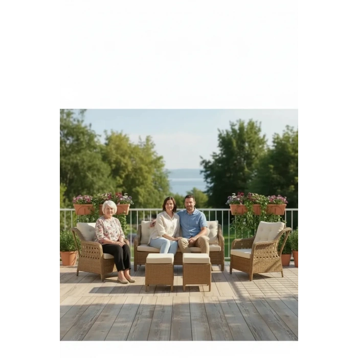 MENEKŞE 3+1+1+2puf+masa Rattan Bahçe Balkon Mobilyası, 7 Kişilik Bahçe Takımı