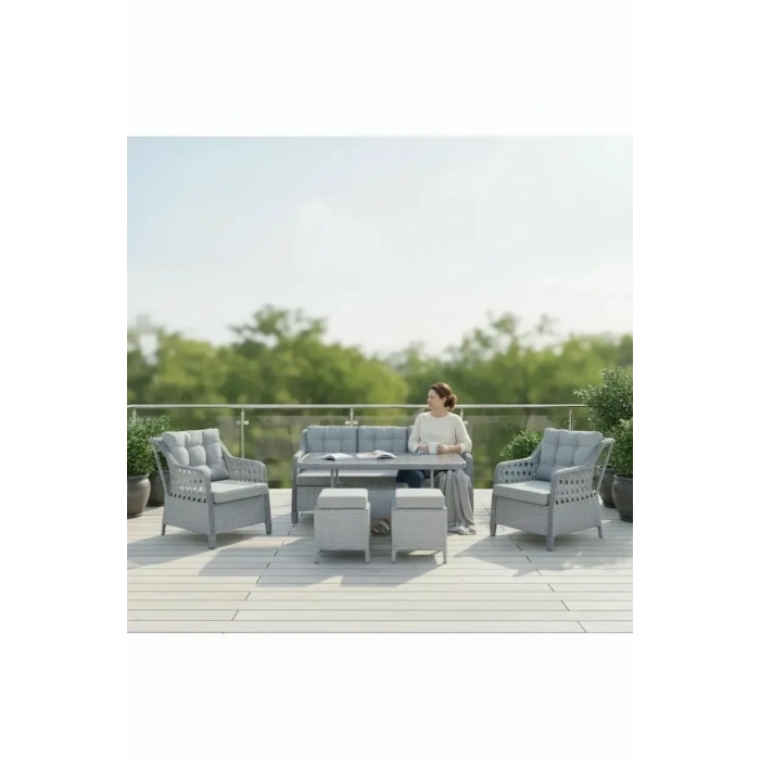 MENEKŞE 3+1+1+2puf+masa Rattan Bahçe Balkon Mobilyası, 7 Kişilik Bahçe Takımı