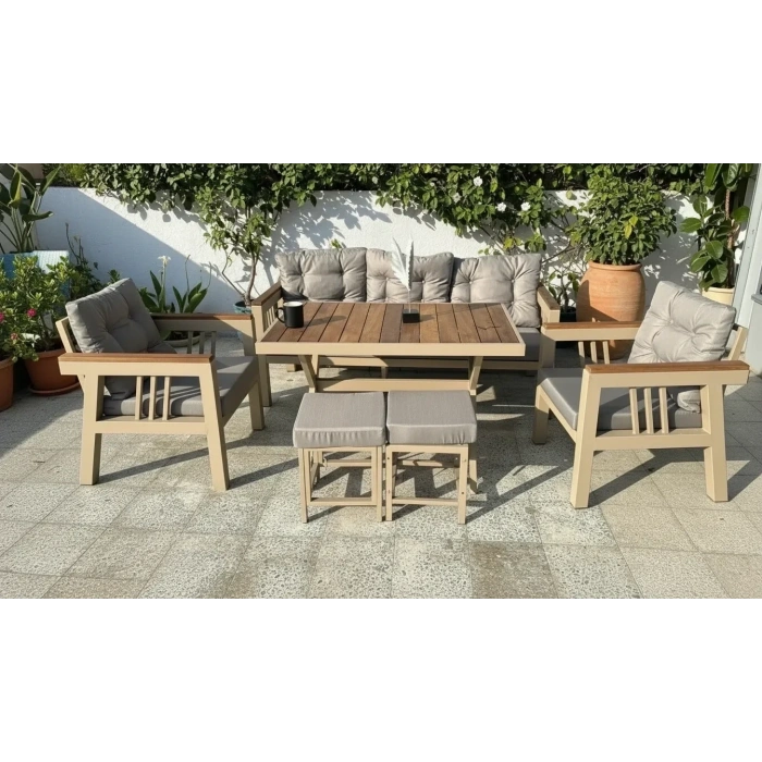 Elmas 3+1+1 + Masa + 2 Puf (GRİ) Metal Gövde Balkon-bahçe-kafe,çay Seti,koltuk Takımı,oturma Grubu,ofis Koltuğu