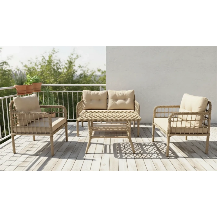Galvaniz Gövdeli 2+1+1+masa Rattan Bahçe Balkon Mobilyası, Bahçe Takımı