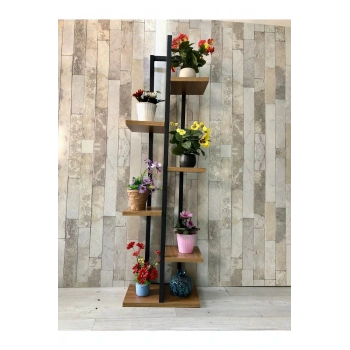 Siyah Metal Çerçeveli, Ahşap Raflı 6 Bölmeli Çiçeklik