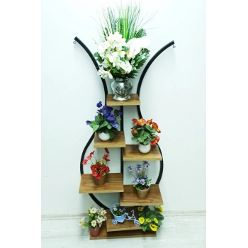 Vazo Metal Çiçeklik Ceviz Raflı Saksılık