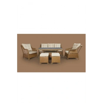 Galvaniz Gövdeli 3+1+1+2puf+masa Rattan Bahçe Balkon Mobilyası, 7 Kişilik Bahçe Takımı