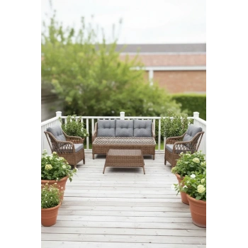 Galvaniz Gövdeli 3+1+1+2puf+masa Rattan Bahçe Balkon Mobilyası, 7 Kişilik Bahçe Takımı