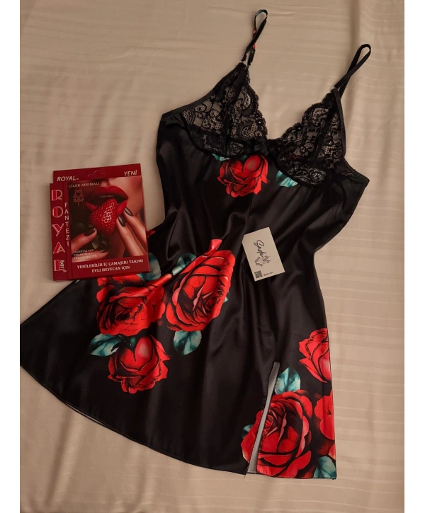 ÇİÇEK DETAY SATEN GECELİK