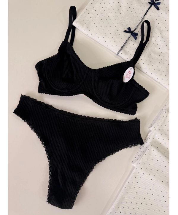 FİTİLLİ PAMUK SİYAH SÜTYEN TAKIM