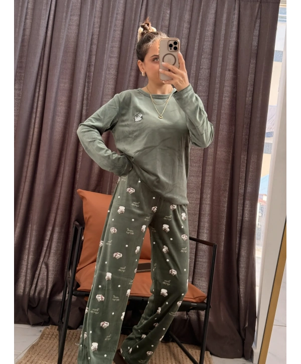 KEDİ DESEN KADİFE PİJAMA TAKIM