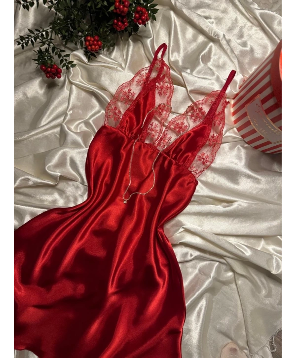 KIRMIZI DANTEL DETAY GECELİK