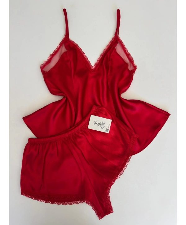 KIRMIZI SATEN ŞORT TAKIM