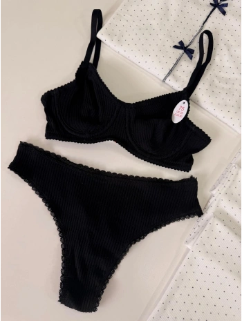 FİTİLLİ PAMUK SİYAH SÜTYEN TAKIM