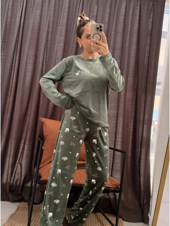 KEDİ DESEN KADİFE PİJAMA TAKIM