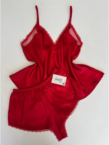 KIRMIZI SATEN ŞORT TAKIM