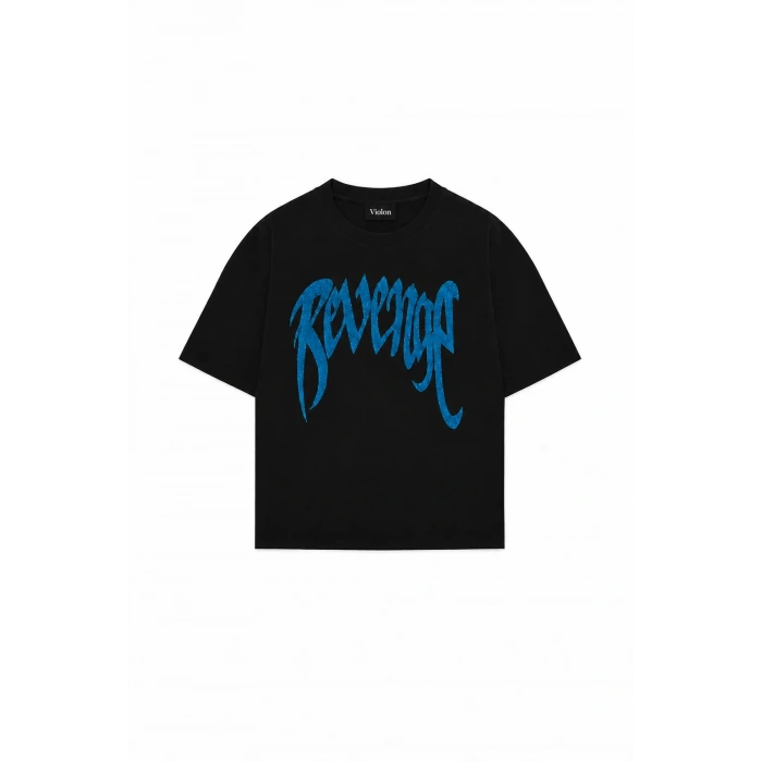 Siyah Unisex Oversize Mavi Revenge Parıltılı Taş Baskılı Tshirt
