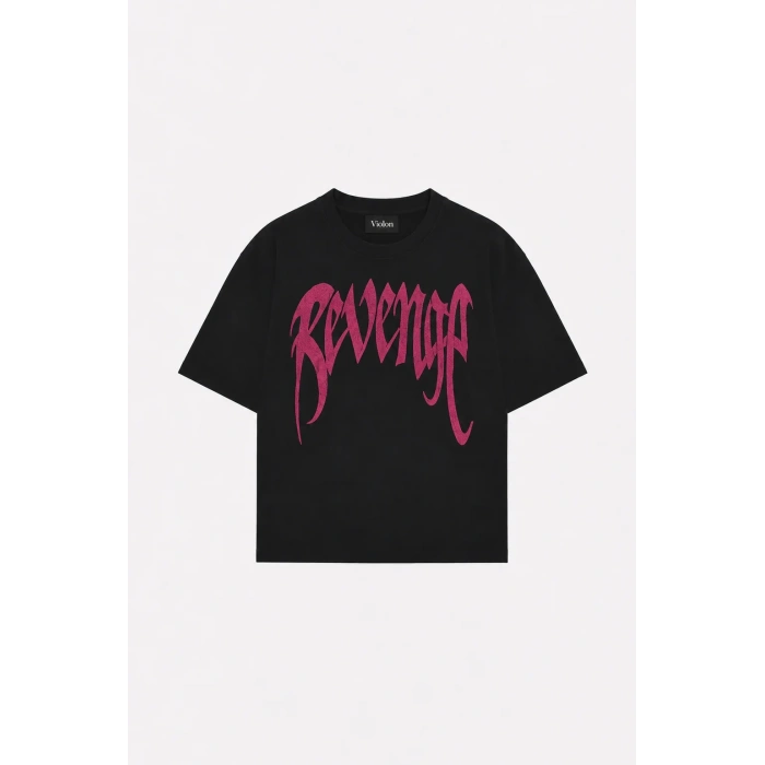 Siyah Unisex Oversize Pembe Revenge Parıltılı Taş Baskılı Tshirt