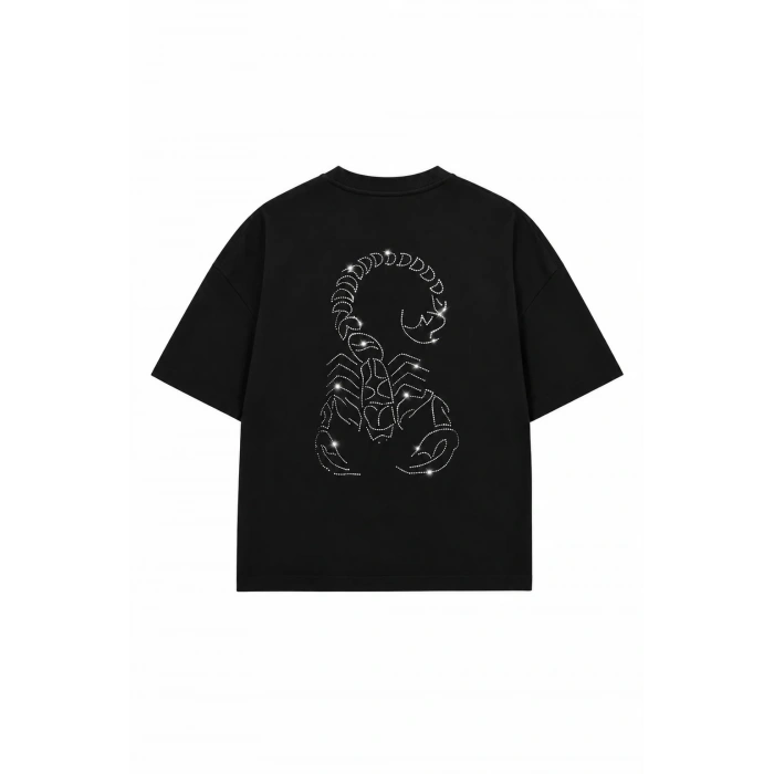 Unisex Akrep Taş Baskılı Siyah Oversize Tshirt