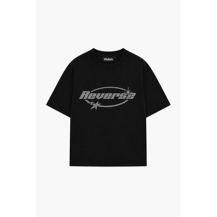 Unisex Reverse Taş Baskılı Siyah Oversize Tshirt