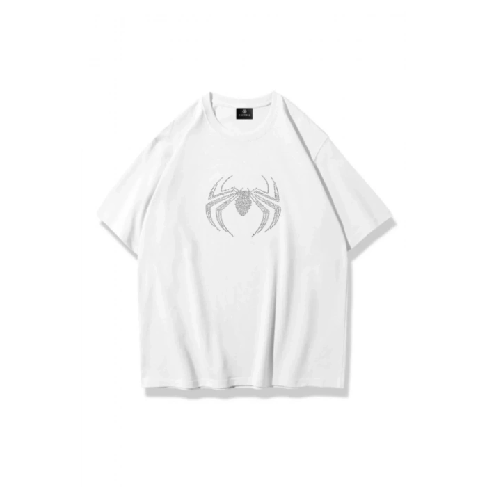 Unisex Spider Taş Baskılı Beyaz Oversize Tshirt