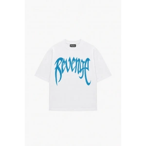 Beyaz Unisex Oversize Mavi Revenge Parıltılı Taş Baskılı Tshirt