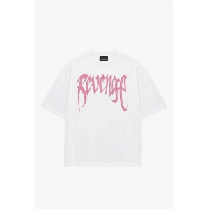 Beyaz Unisex Oversize Pembe Revenge Parıltılı Taş Baskılı Tshirt