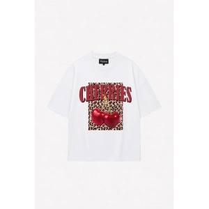 Kadın Cherries Leopar Tshirt Beyaz