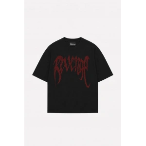 Siyah Unisex Oversize Kırmızı Revenge Parıltılı Taş Baskılı Tshirt