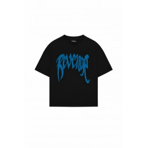 Siyah Unisex Oversize Mavi Revenge Parıltılı Taş Baskılı Tshirt