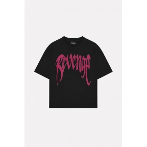 Siyah Unisex Oversize Pembe Revenge Parıltılı Taş Baskılı Tshirt
