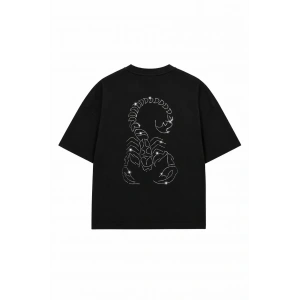 Unisex Akrep Taş Baskılı Siyah Oversize Tshirt