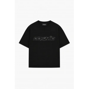 Unisex Cosmic Taş Baskılı Siyah Oversize Tshirt