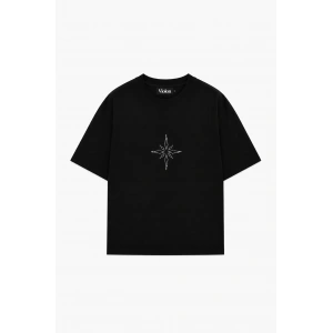 Unisex Pusula Taş Baskılı Siyah Oversize Tshirt
