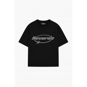 Unisex Reverse Taş Baskılı Siyah Oversize Tshirt