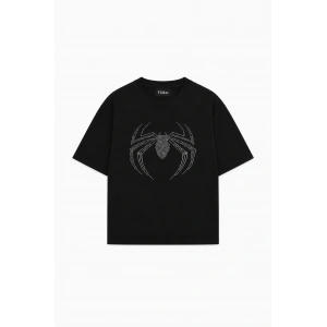 Unisex Spider Taş Baskılı Siyah Oversize Tshirt
