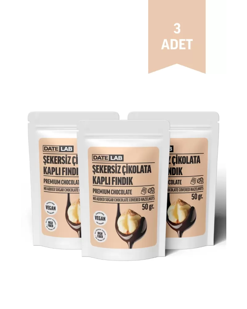 Şekersiz Çikolata Kaplı Fındık 3 Adet x 50 gr.