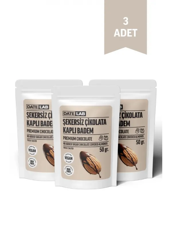 Şekersiz Çikolata Kaplı Badem 3 Adet x 50 gr.
